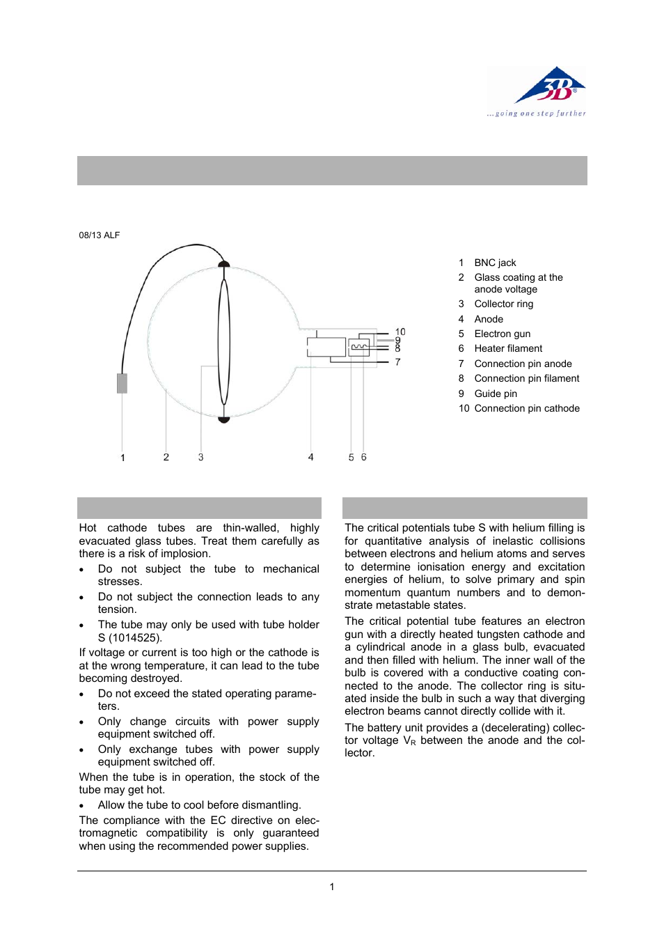 3B Scientific Teltron Critical Potentials Tube S with He-Filling User Manual | 8 pages