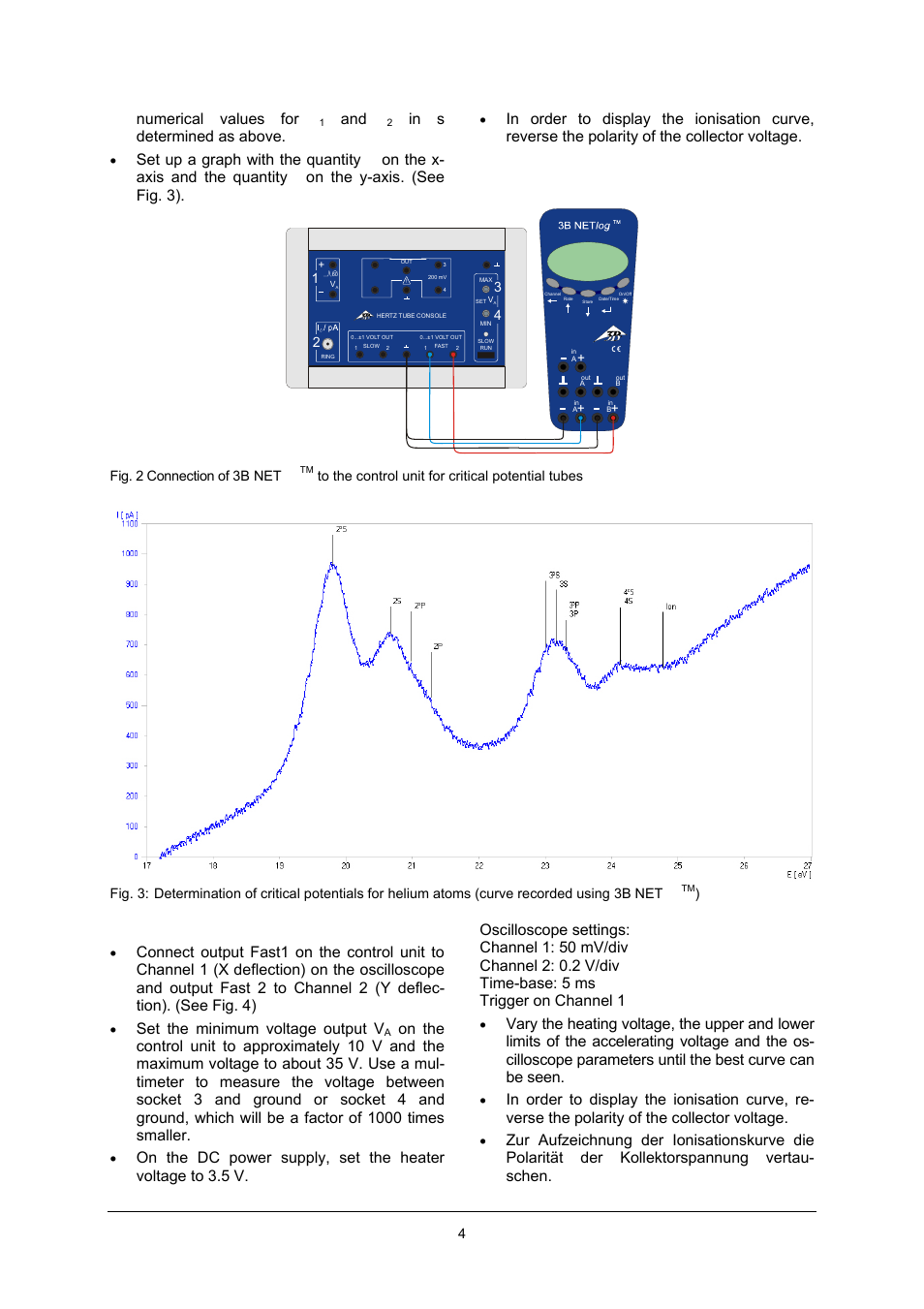 Numerical values for t, And t, 2 procedure with an oscilloscope | Set the minimum voltage output v | 3B Scientific Teltron Critical Potentials Tube S with He-Filling User Manual | Page 4 / 8