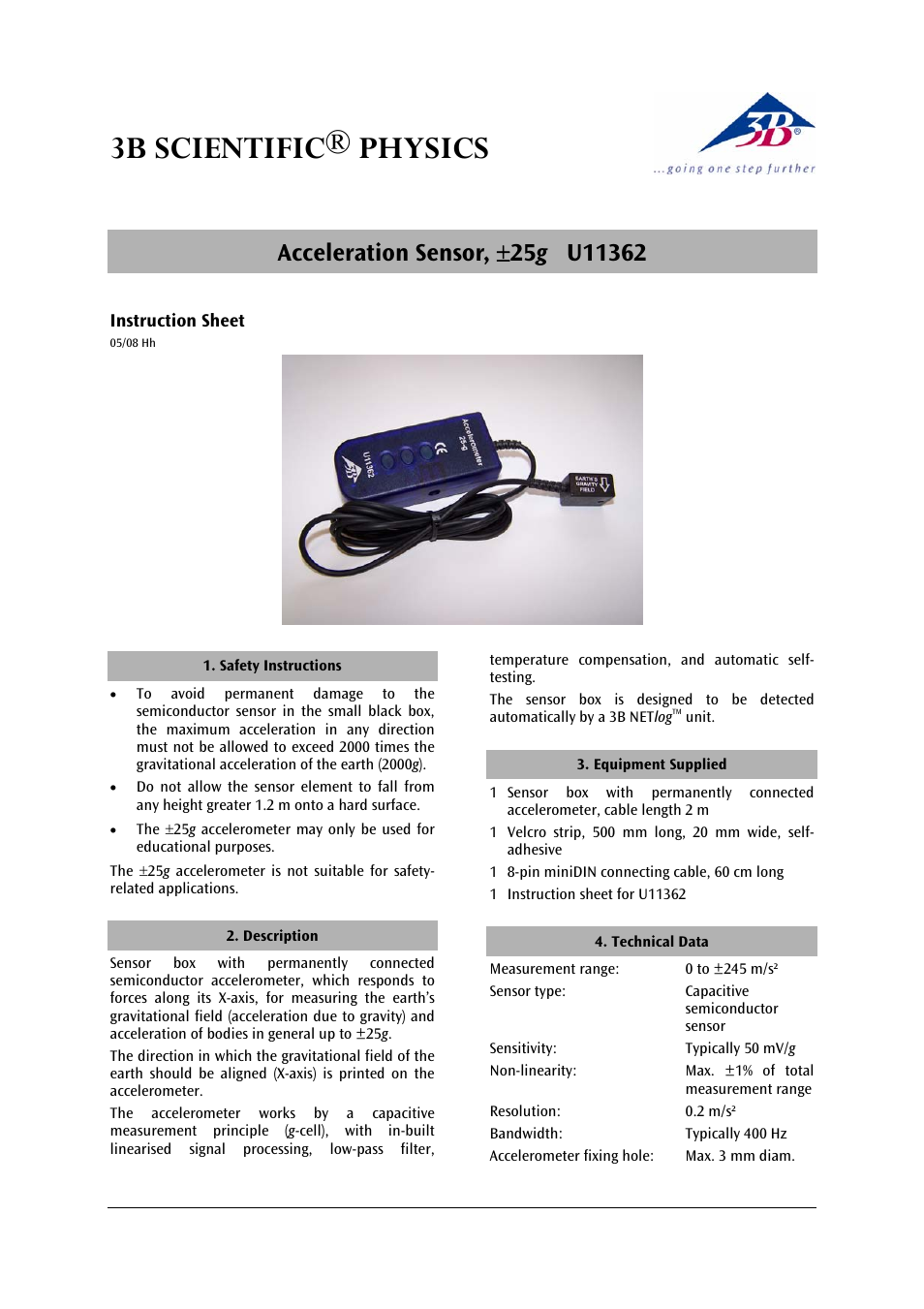 3B Scientific Acceleration Sensor, ±25g User Manual | 2 pages