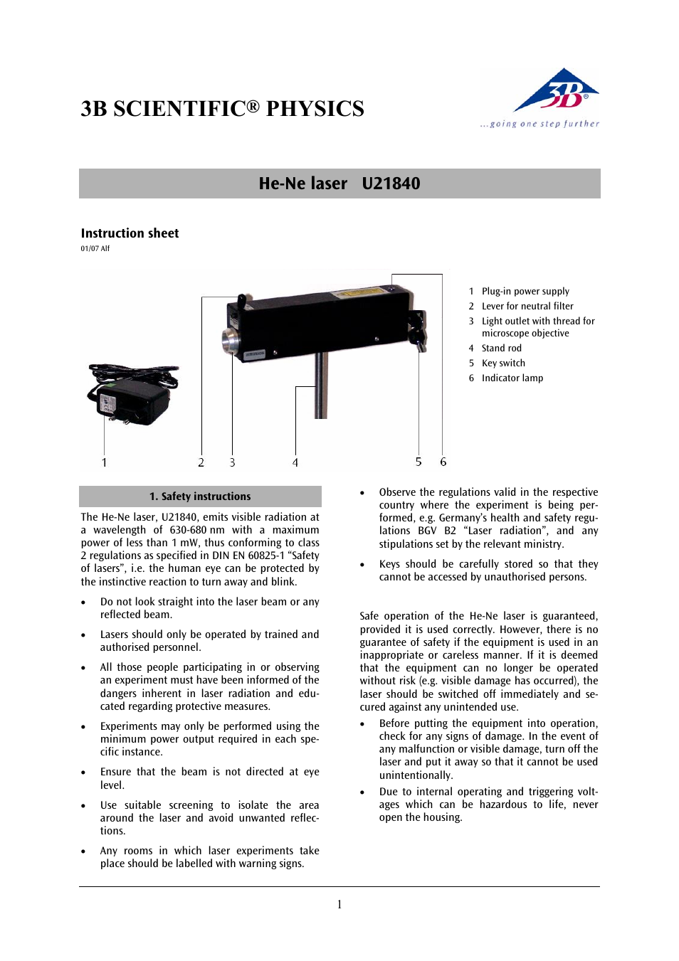 3B Scientific Helium-Neon Laser User Manual | 2 pages
