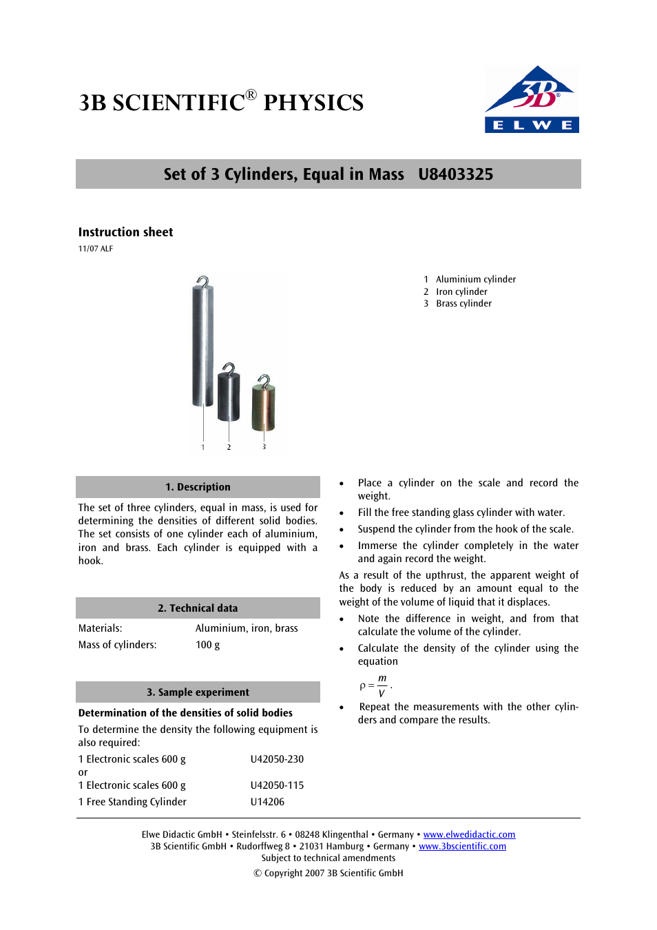 3B Scientific Set of 3 Cylinders, Equal in Mass User Manual | 1 page