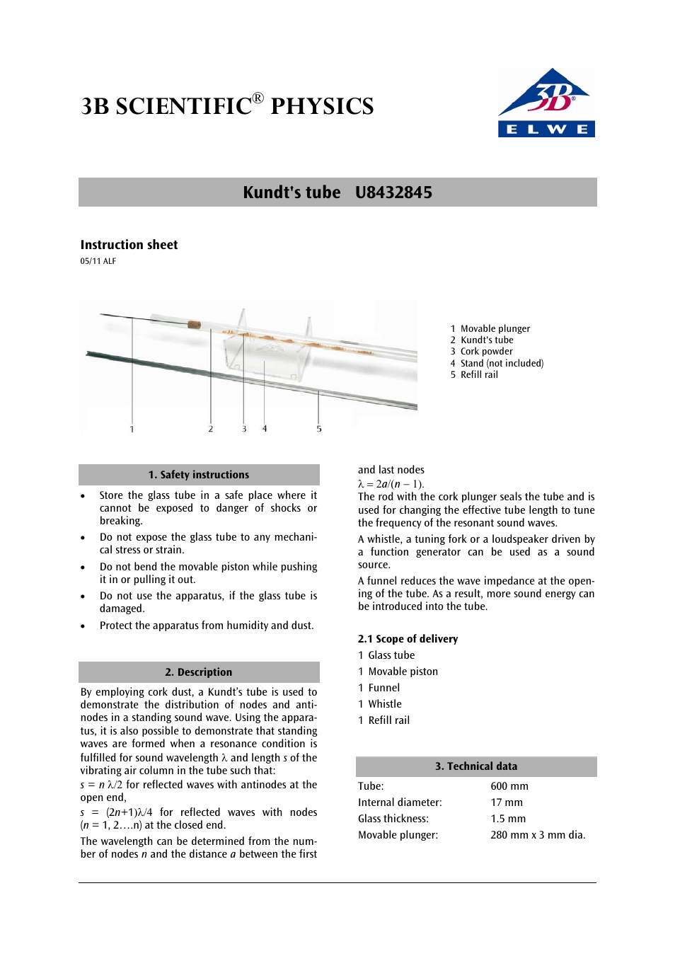 3B Scientific Kundts Tube User Manual | 2 pages