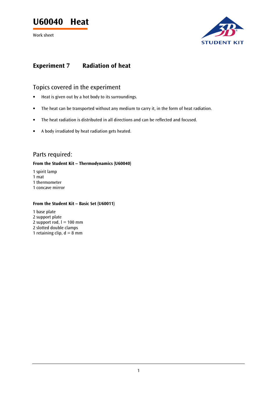 3B Scientific Basic Heat Kit User Manual | 4 pages