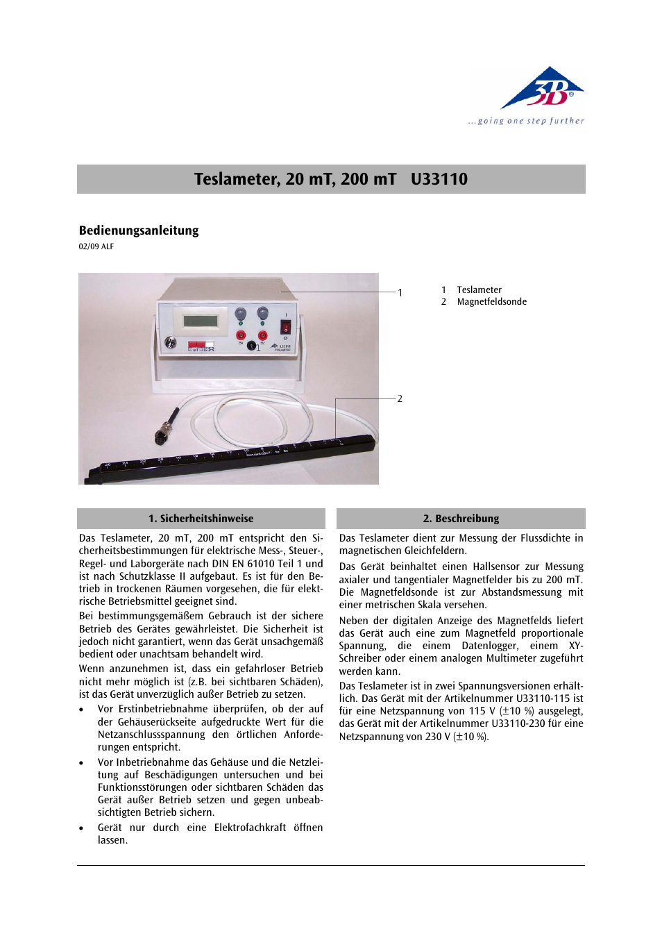 3B Scientific Digital Teslameter with Probe 20 mT, 200 mT (115 V, 50__60 Hz) User Manual | 14 pages