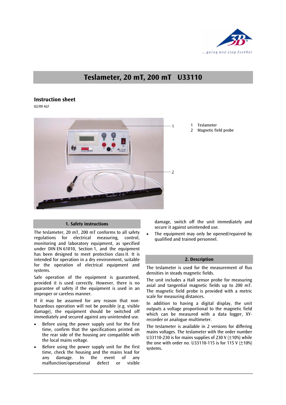 3b scientific, Physics | 3B Scientific Digital Teslameter with Probe 20 mT, 200 mT (115 V, 50__60 Hz) User Manual | Page 3 / 14