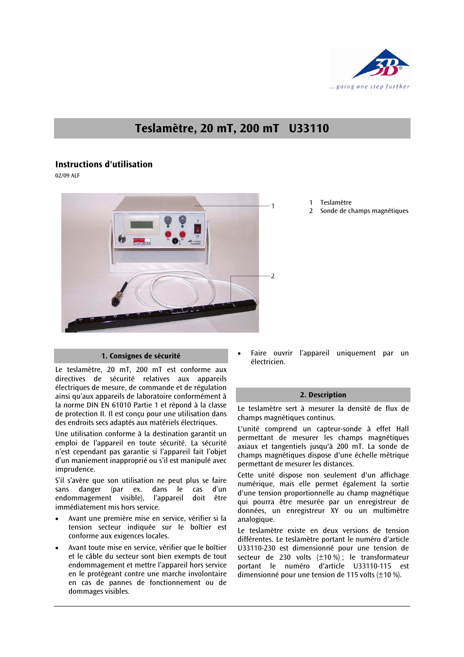 3b scientific, Physics | 3B Scientific Digital Teslameter with Probe 20 mT, 200 mT (115 V, 50__60 Hz) User Manual | Page 5 / 14