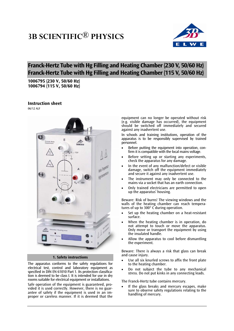 3B Scientific Premium Franck-Hertz Experiment Heater (230 V, 50__60 Hz) User Manual | 6 pages