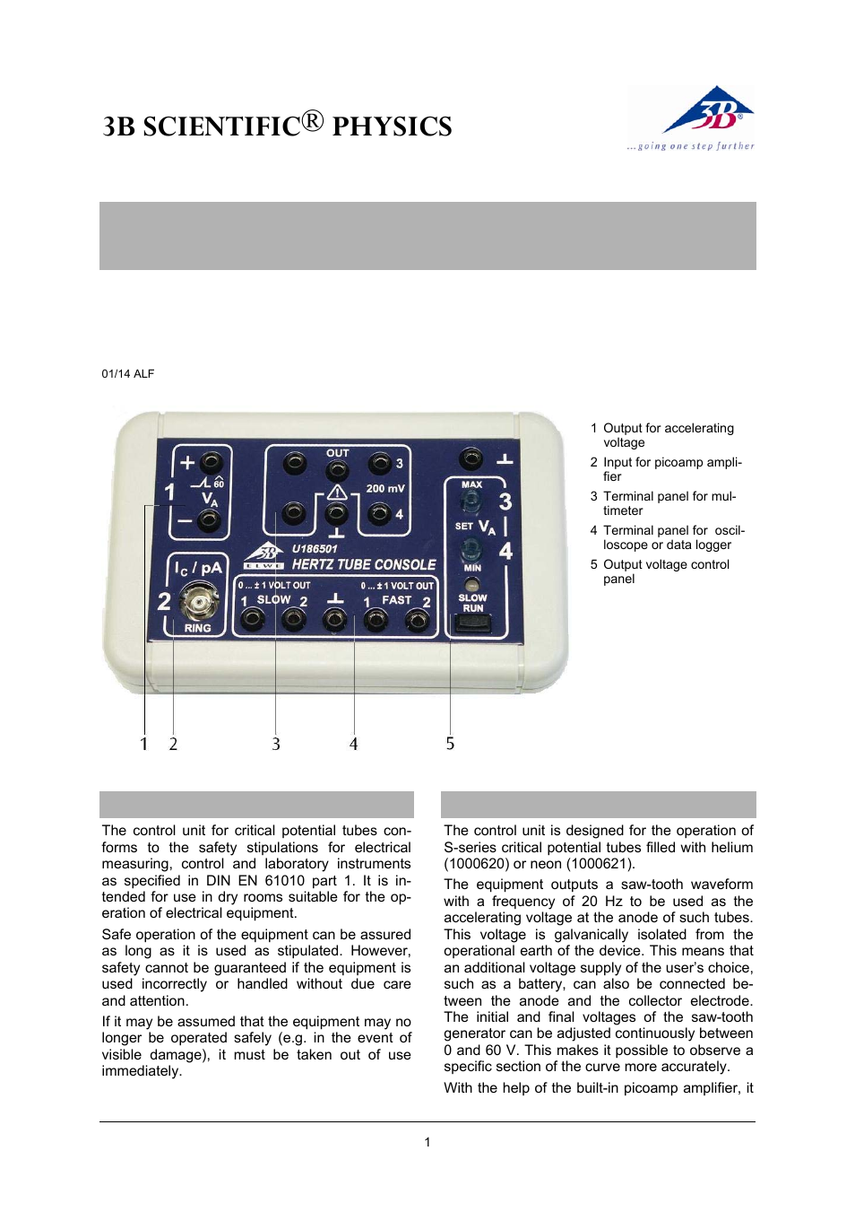 3B Scientific Control Unit for Critical Potential Tubes (115 V, 50__60 Hz) User Manual | 4 pages