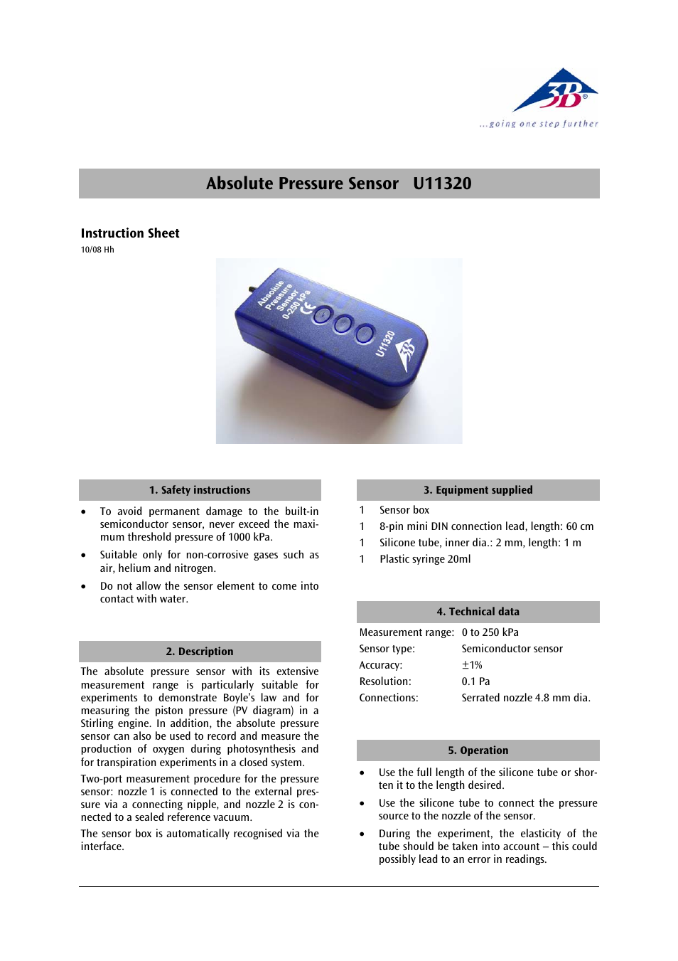 3b scientific, Physics | 3B Scientific Absolute Pressure Sensor, 2500 hPa User Manual | Page 3 / 12