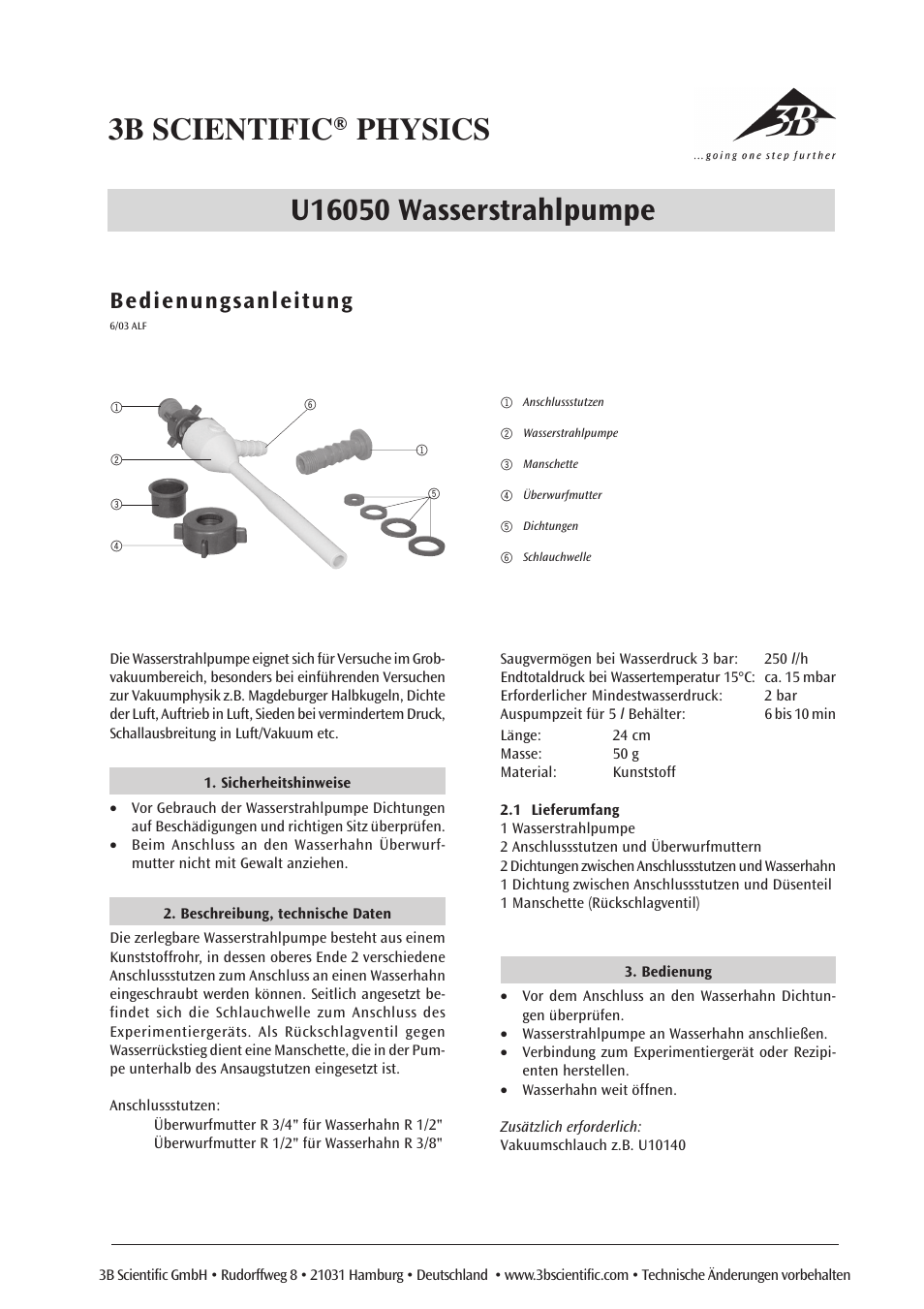 3B Scientific Water-Jet Pump User Manual | 6 pages