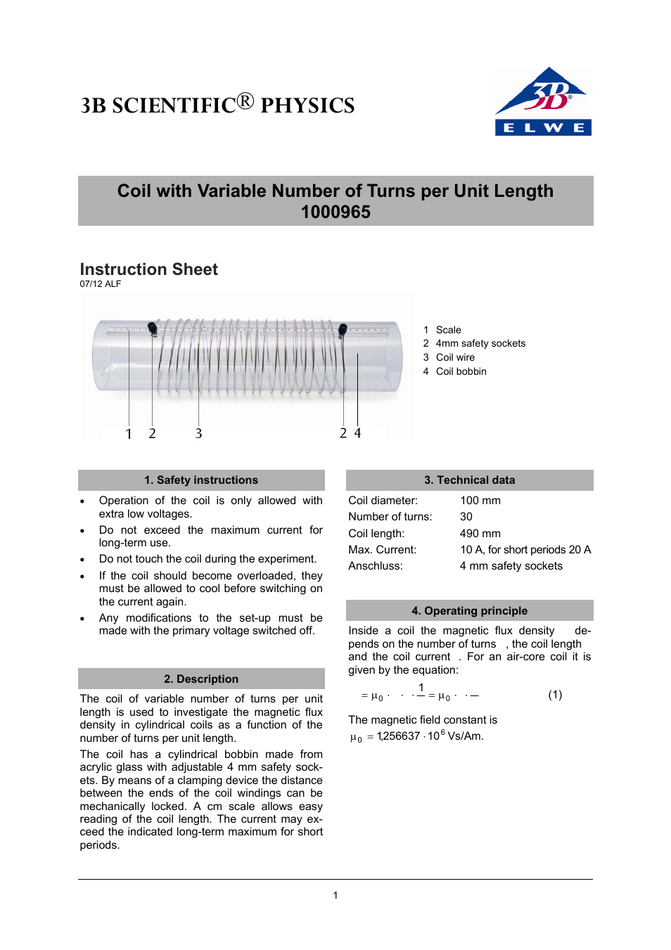3B Scientific Coil with Variable Number of Turns per Unit Length User Manual | 2 pages