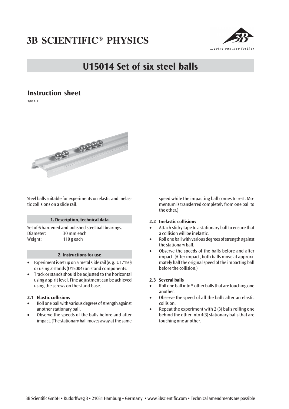 3B Scientific Set of 6 Steel Balls User Manual | 1 page