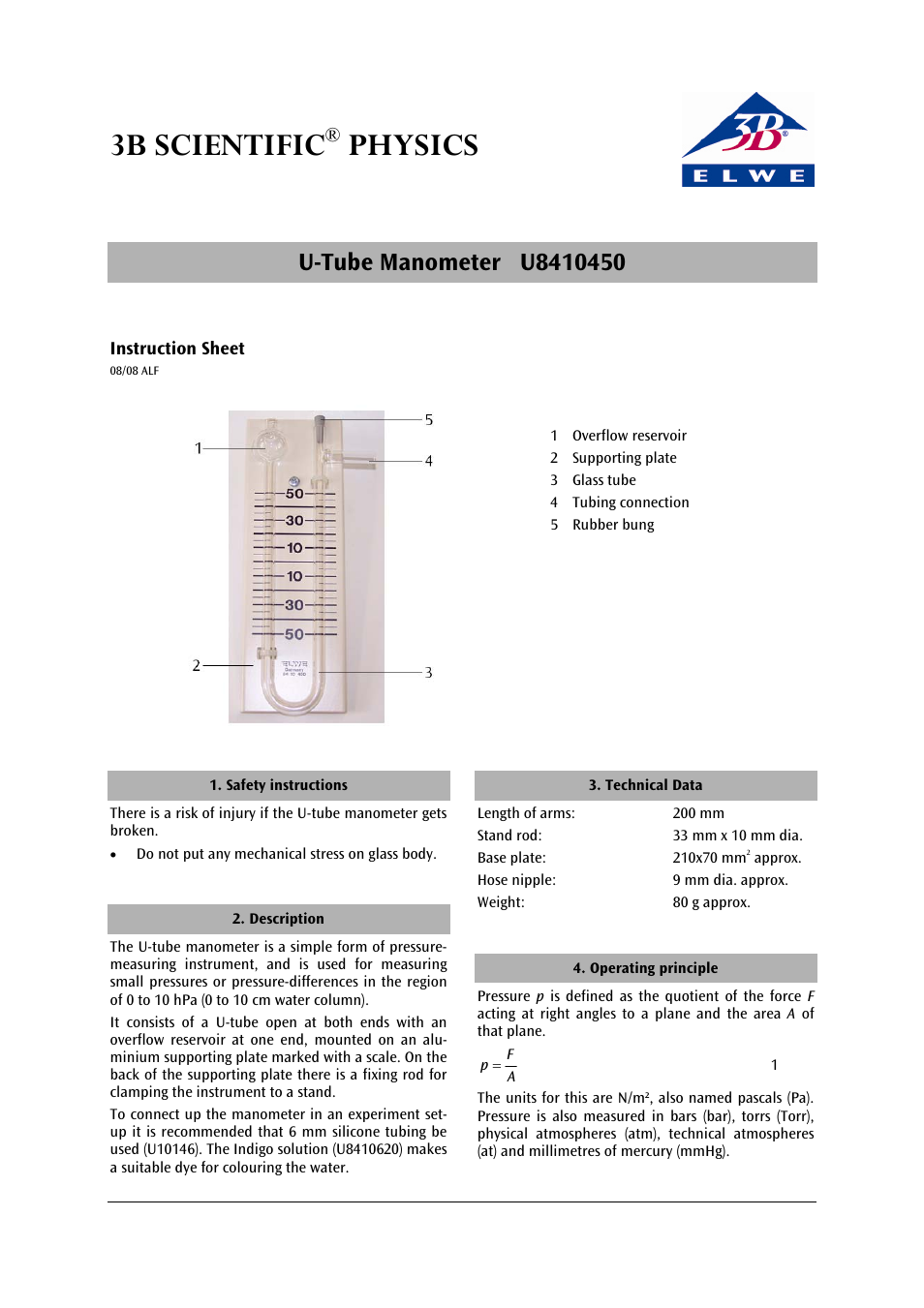 3B Scientific U-Tube Manometer S User Manual | 2 pages