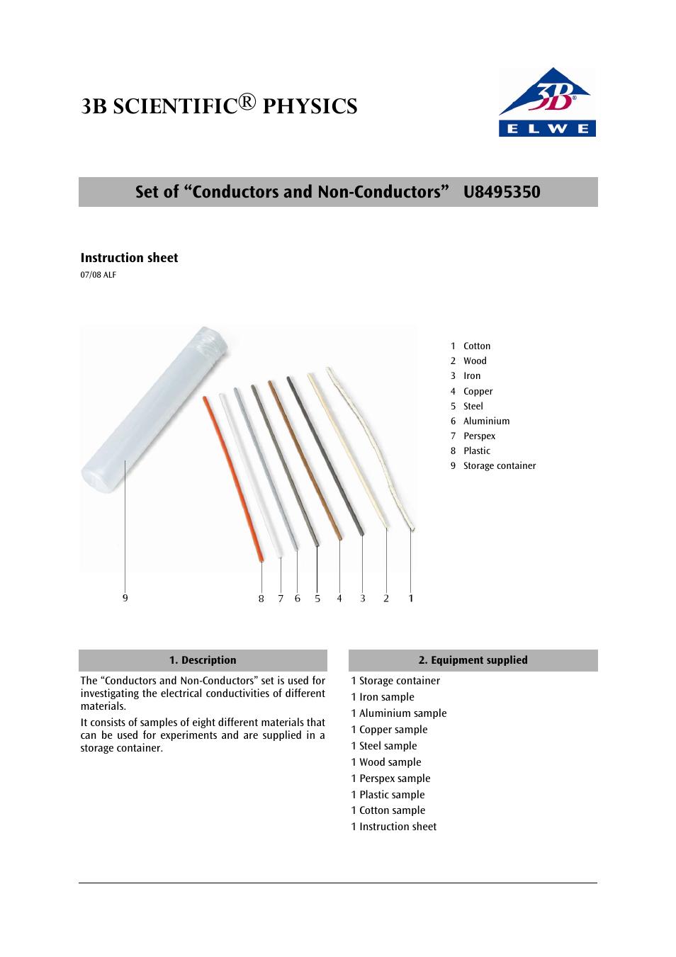 3B Scientific Set of Conductors and Non-Conductors User Manual | 2 pages