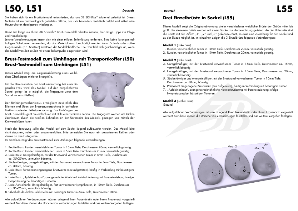 L50, l51, Drei einzelbrüste in sockel (l55) | 3B Scientific Wearable Breast Self Examination Model User Manual | Page 4 / 14