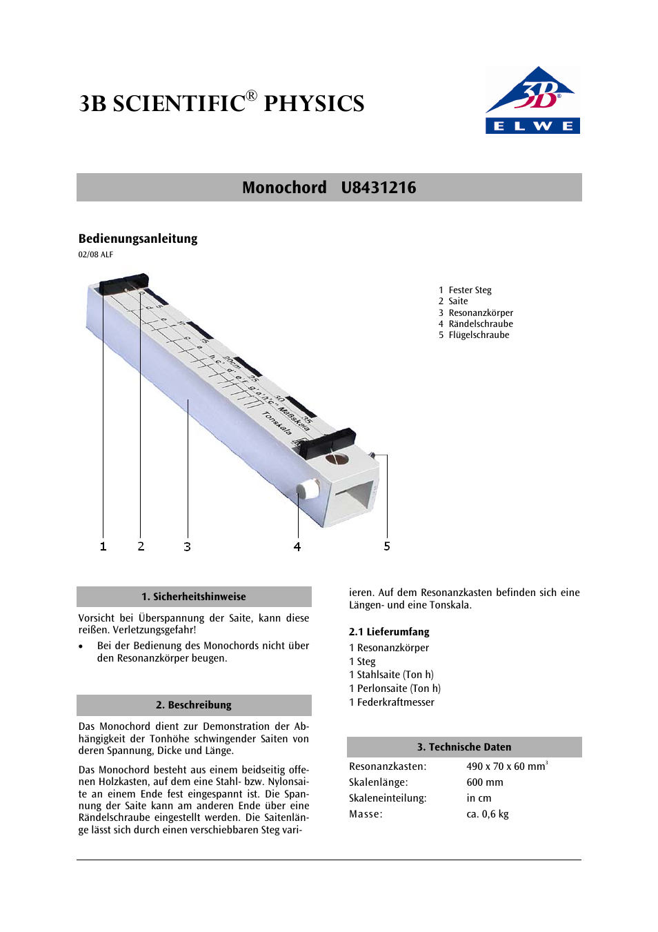 3B Scientific Monochord User Manual | 12 pages