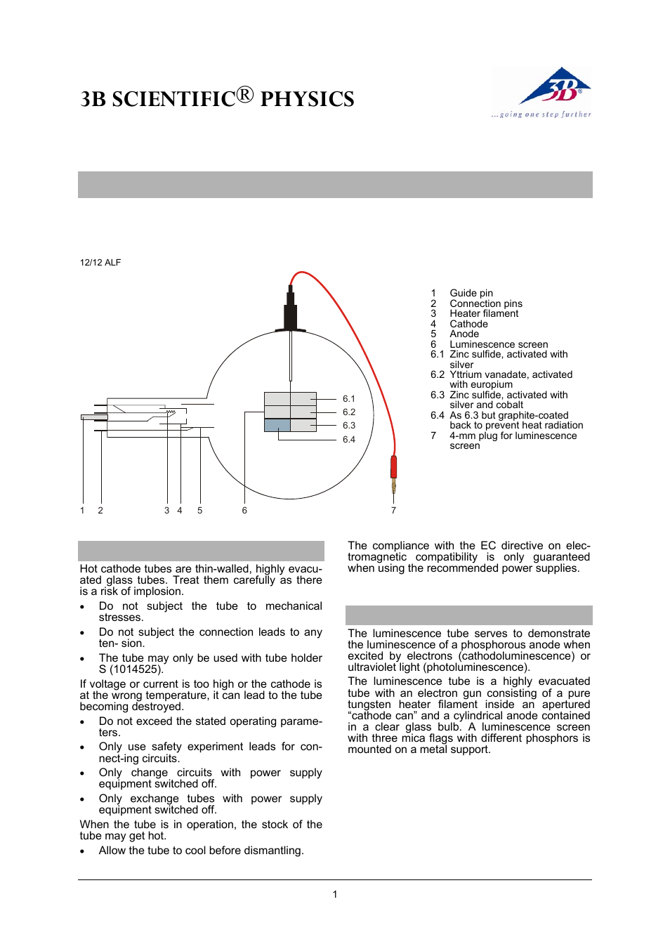 3B Scientific Teltron Luminescence Tube S User Manual | 4 pages