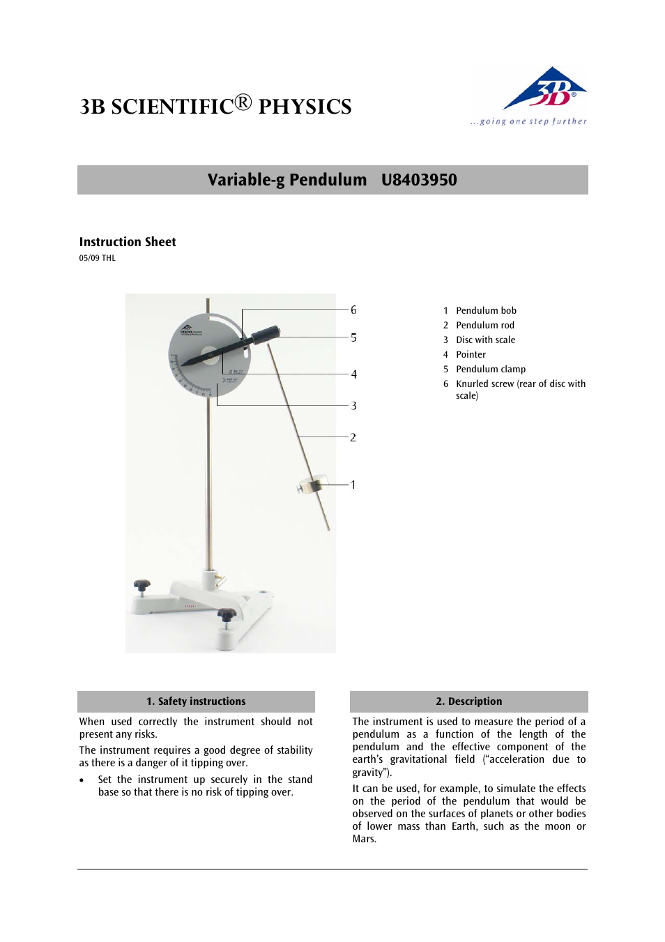 3B Scientific Variable g Pendulum User Manual | 2 pages