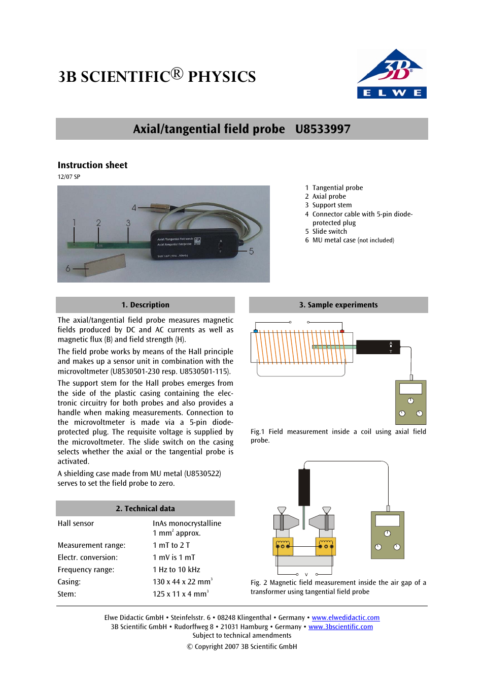 3B Scientific Magnetic Field Sensor, Axial User Manual | 1 page