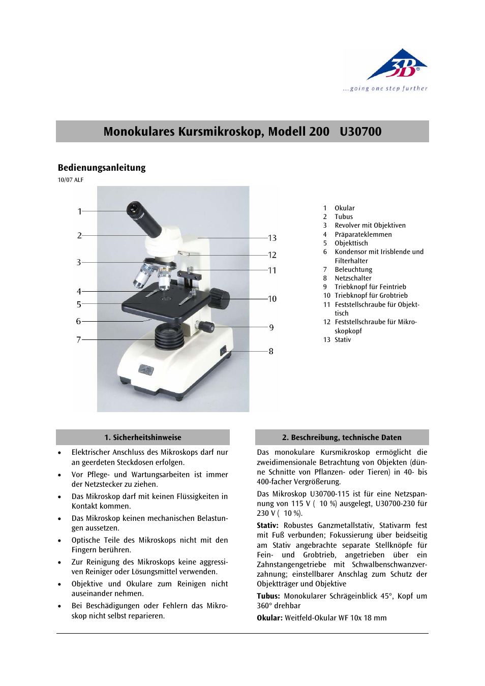 3B Scientific Monocular Course Microscope Model 200, 230 V 50__60Hz User Manual | 12 pages