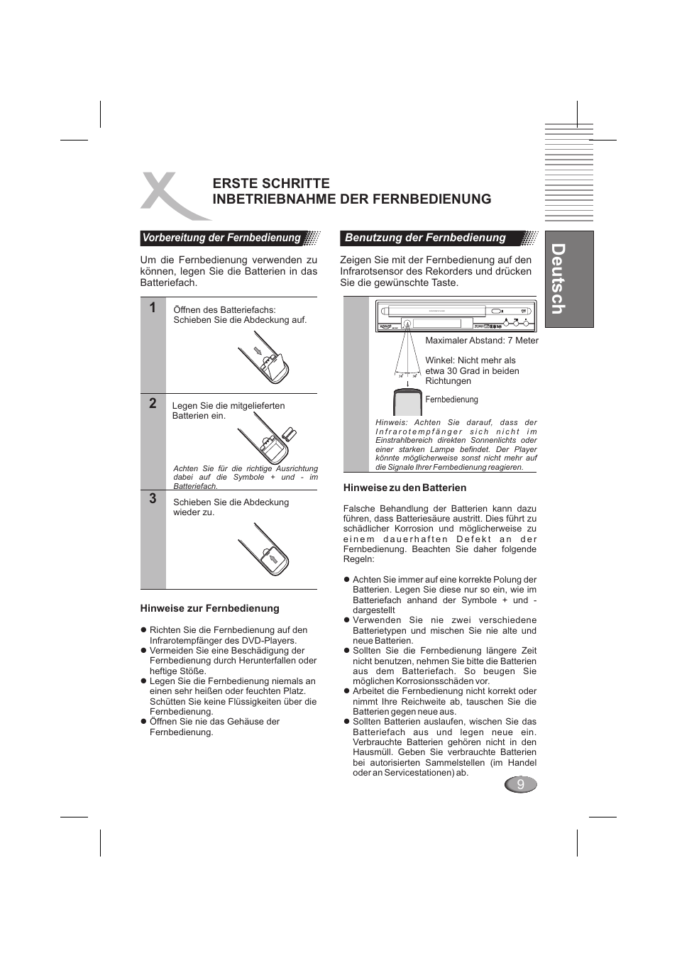Deutsch, Erste schritte inbetriebnahme der fernbedienung | Xoro HSD 202 P User Manual | Page 11 / 92