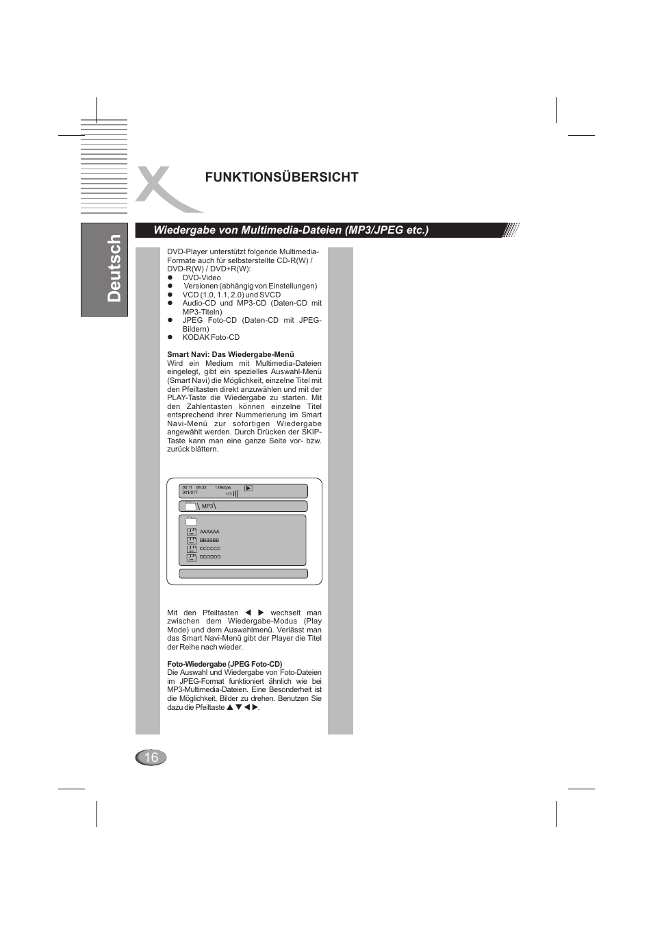Deutsch, 16 funktionsübersicht, Wiedergabe von multimedia-dateien (mp3/jpeg etc.) | Xoro HSD 202 P User Manual | Page 18 / 92
