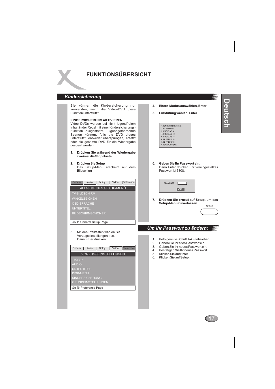 Deutsch, 17 funktionsübersicht, Kindersicherung | Um ihr passwort zu ändern | Xoro HSD 202 P User Manual | Page 19 / 92