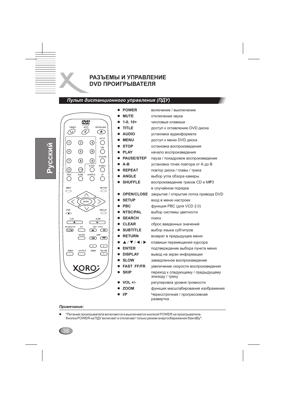 Ру сский, Разъемы и управление dvd проигрывателя | Xoro HSD 202 P User Manual | Page 38 / 92