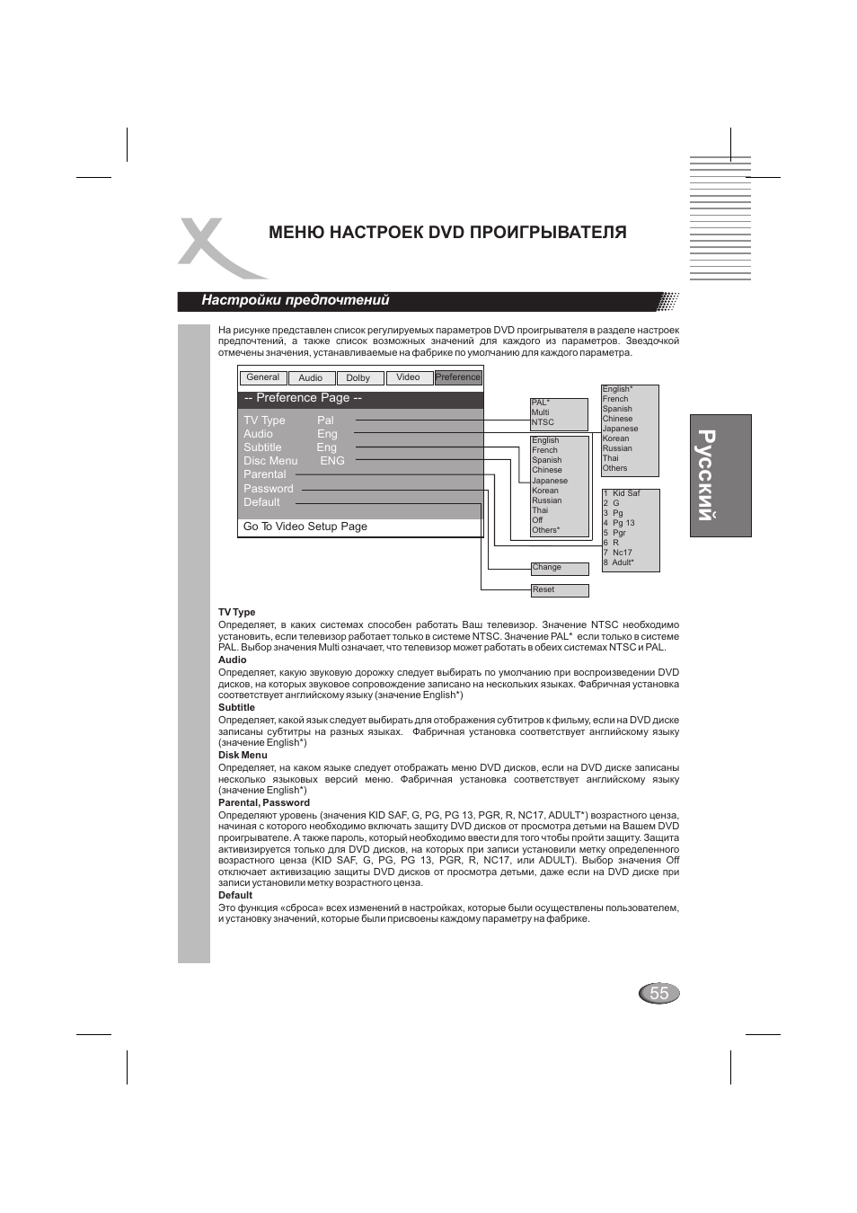 Ру сский, Менюнастроек dvd проигрывателя, Настройки предпочтений | Xoro HSD 202 P User Manual | Page 55 / 92