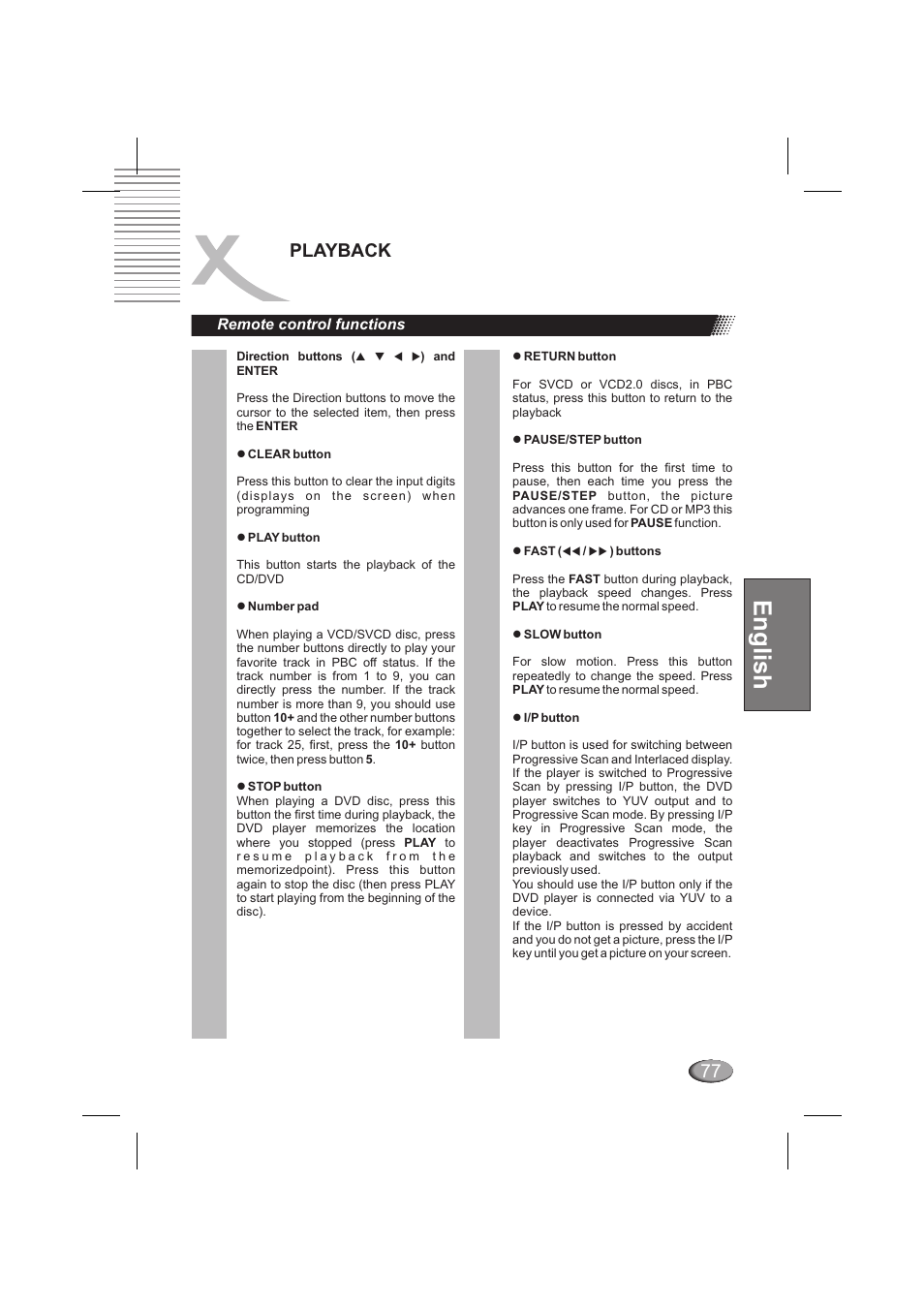 English, Playback, Remote control functions | Xoro HSD 202 P User Manual | Page 77 / 92