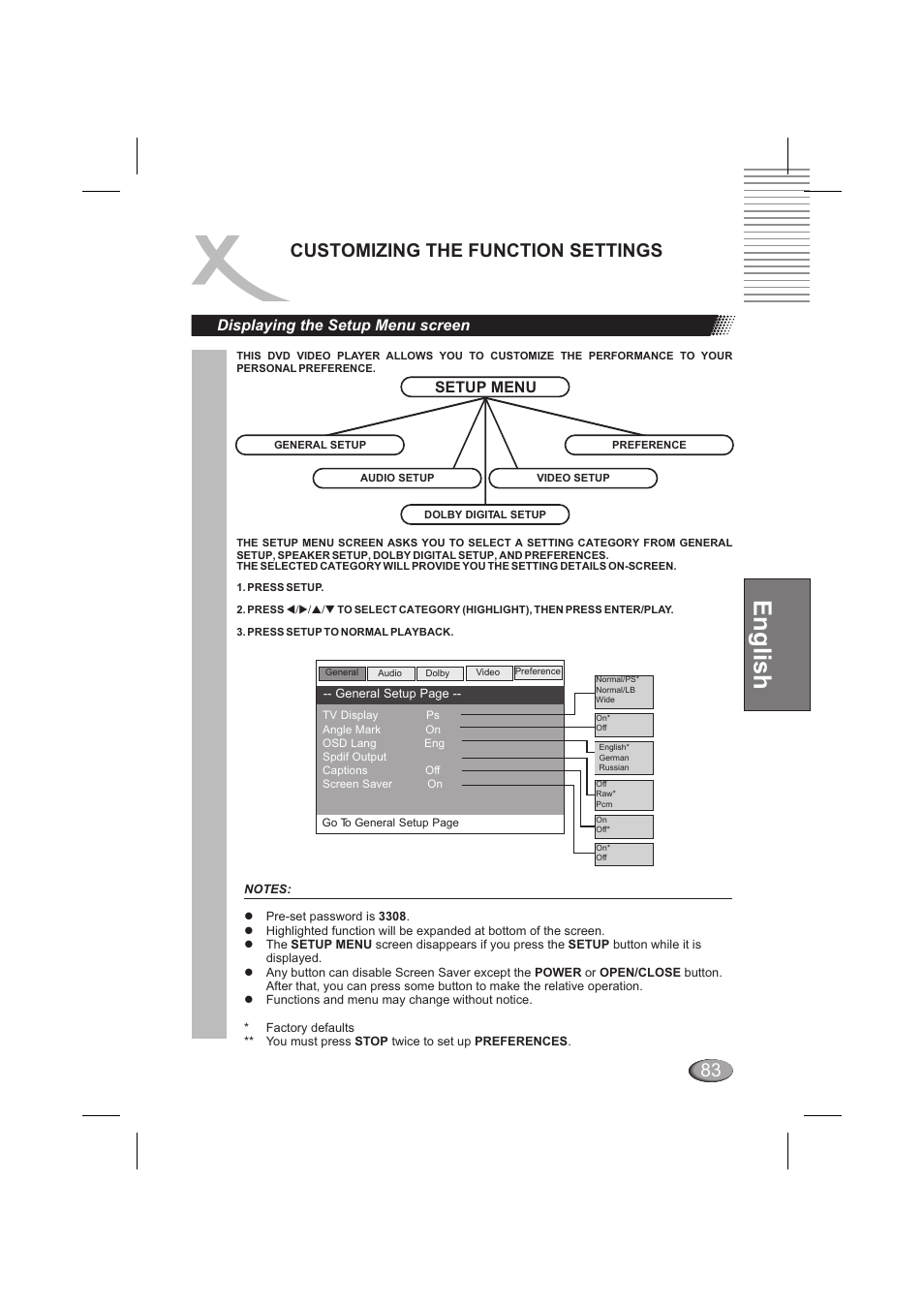 English, Customizing the function settings, Setup menu | Displaying the setup menu screen | Xoro HSD 202 P User Manual | Page 83 / 92
