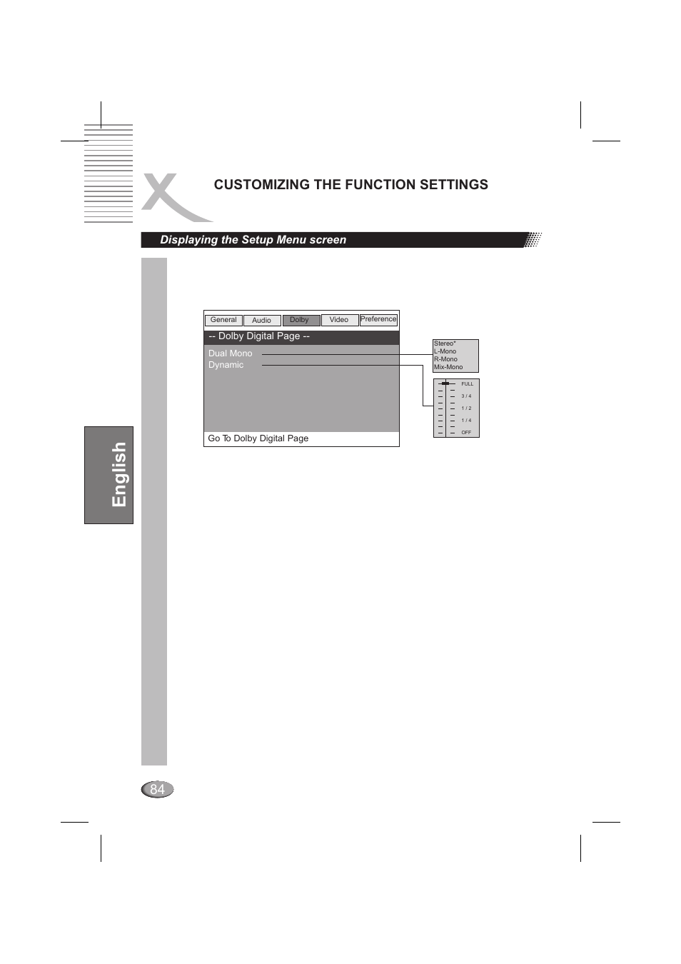 English, 84 customizing the function settings, Displaying the setup menu screen | Xoro HSD 202 P User Manual | Page 84 / 92