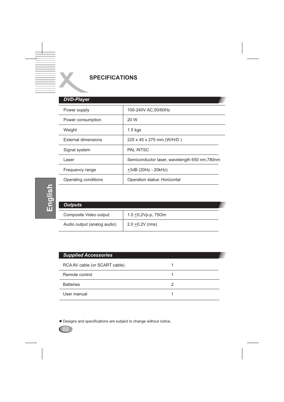 English, Specifications | Xoro HSD 202 P User Manual | Page 88 / 92