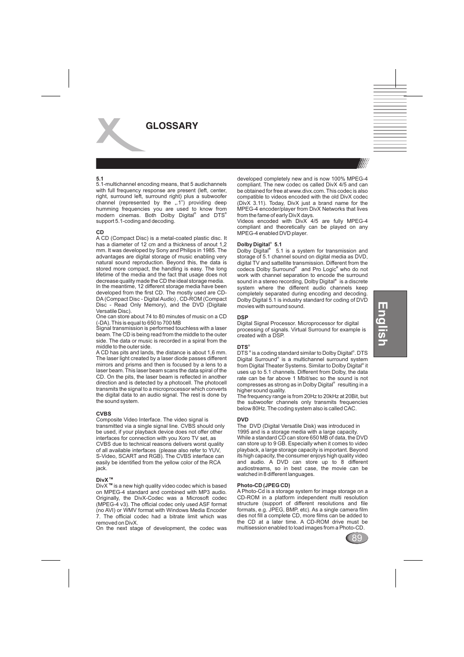 English, 89 glossary | Xoro HSD 202 P User Manual | Page 89 / 92