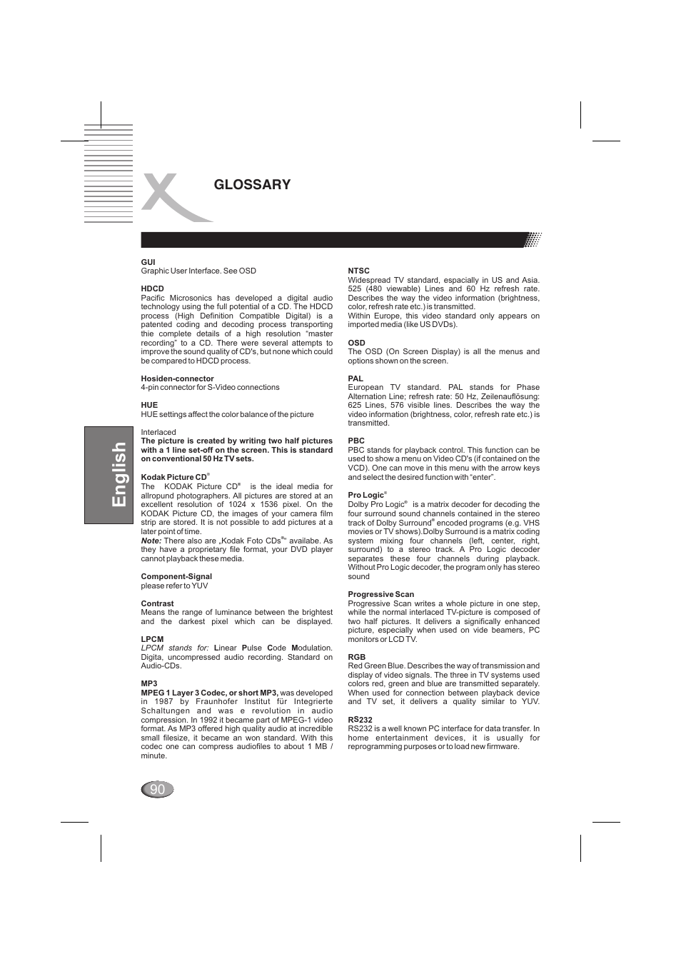 English, 90 glossary | Xoro HSD 202 P User Manual | Page 90 / 92