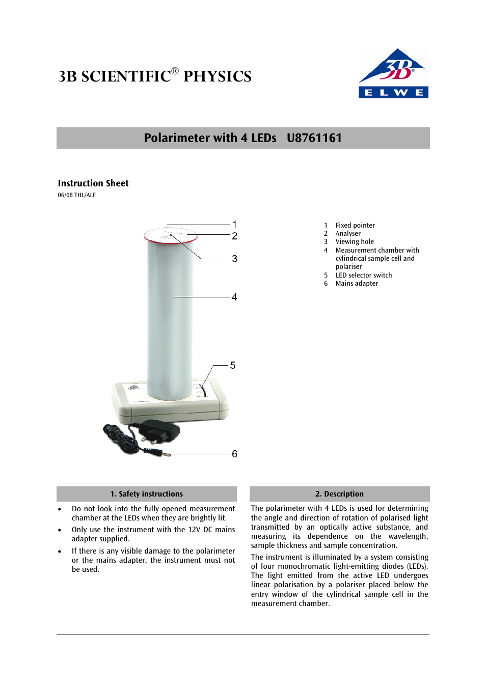 3b scientific, Physics | 3B Scientific Polarimeter with 4 LEDs (115 V, 50__60 Hz) User Manual | Page 5 / 24
