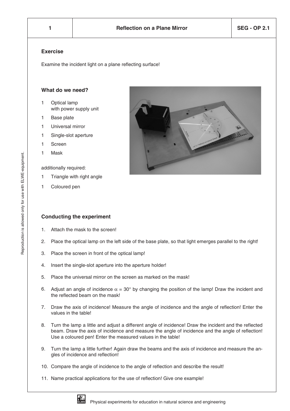 Op 2 reflection, Seg - op 2.1 reflection on a plane mirror | 3B Scientific SEK Optics User Manual | Page 15 / 84