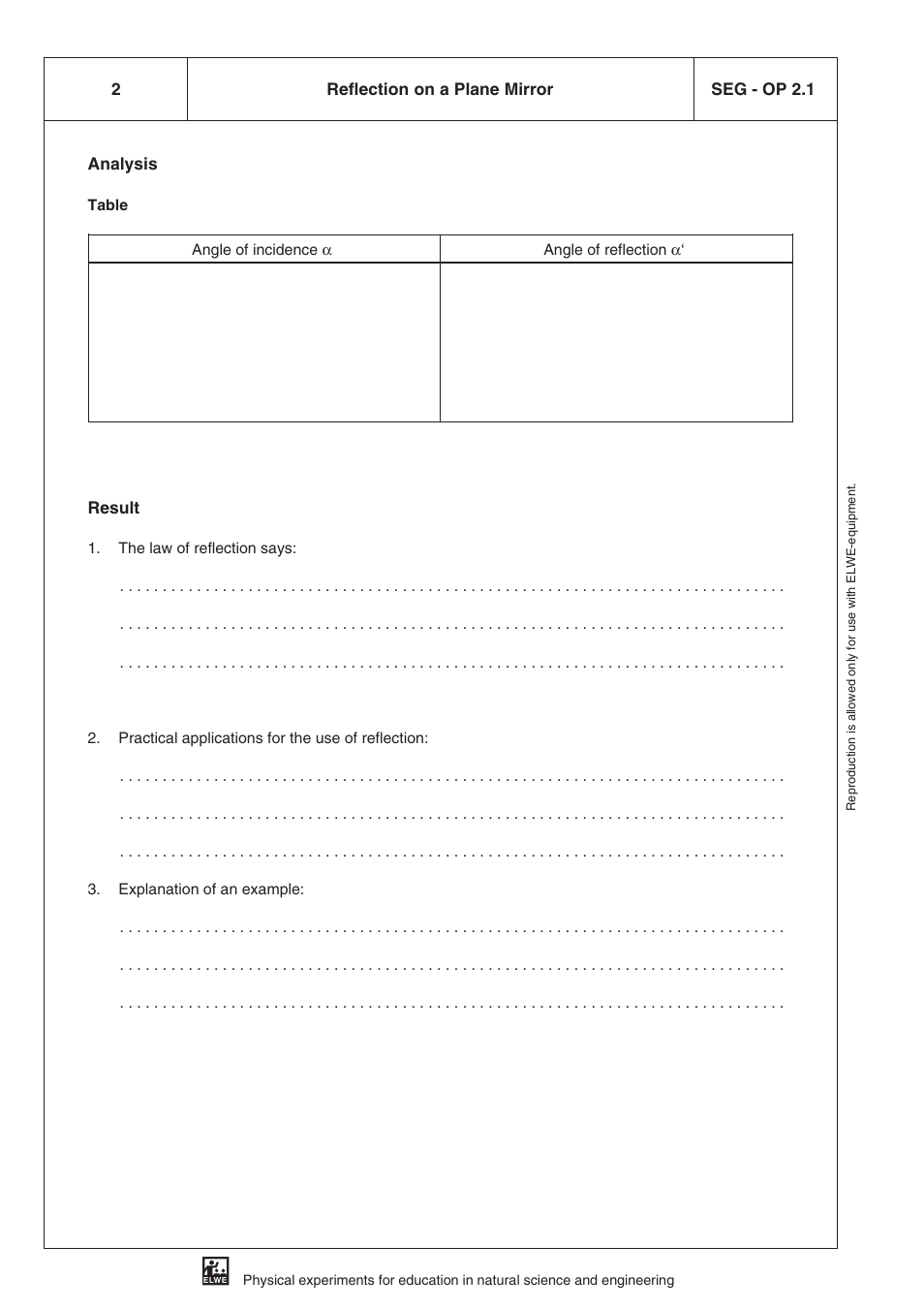 Analysis, Result, 2seg - op 2.1 reflection on a plane mirror | 3B Scientific SEK Optics User Manual | Page 16 / 84