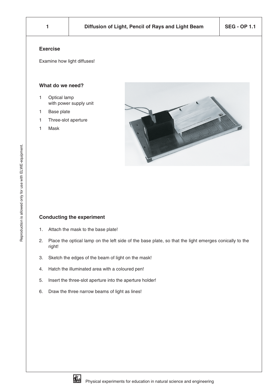 Op 1 diffusion of light, Exercise, What do we need | Conducting the experiment | 3B Scientific SEK Optics User Manual | Page 5 / 84