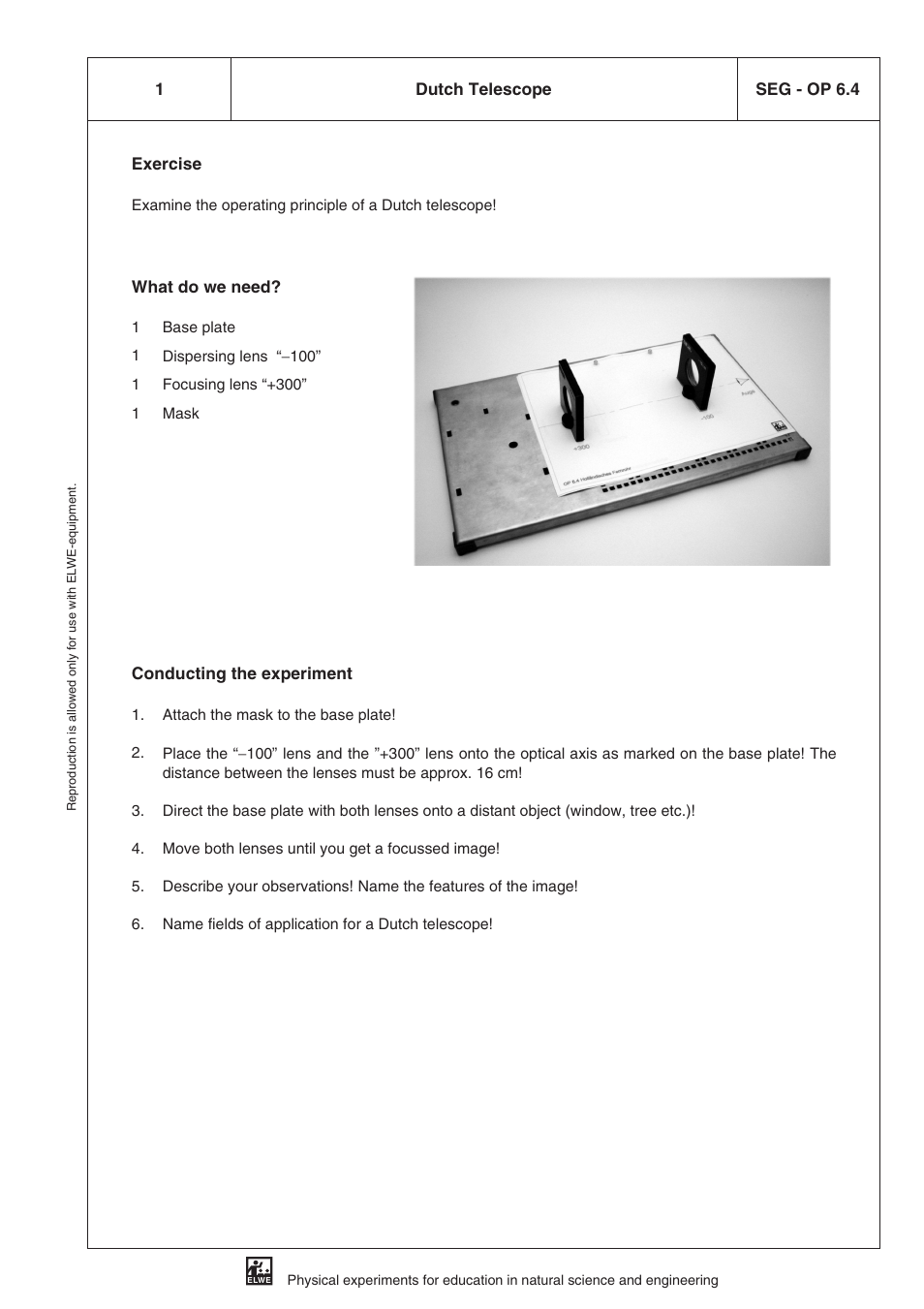 Seg - op 6.4 dutch telescope, Exercise, What do we need | Conducting the experiment, 1 seg - op 6.4 dutch telescope | 3B Scientific SEK Optics User Manual | Page 73 / 84