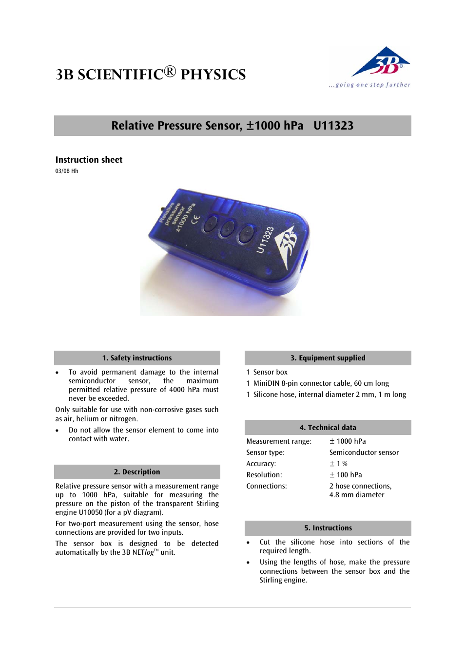 3B Scientific Relative Pressure Sensor, ±1000 hPa User Manual | 4 pages