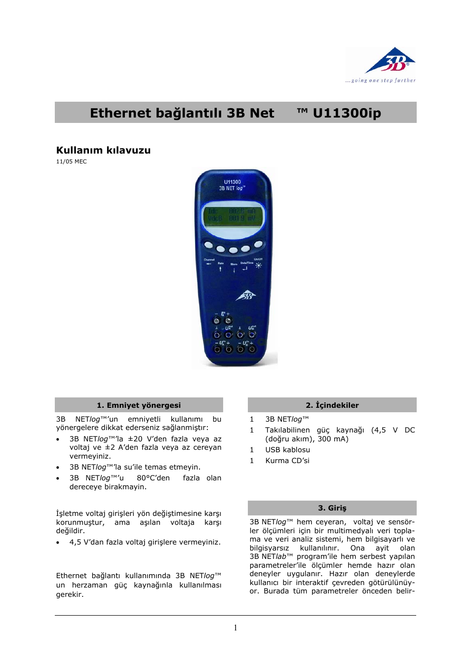 Emniyet yönergesi, Içindekiler, Giriş | 3b scientific, Physics | 3B Scientific 3B NETlog™ with Ethernet Port (230 V, 50__60 Hz) User Manual | Page 53 / 60