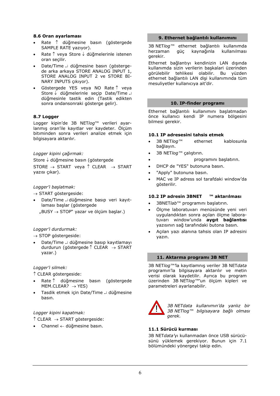 Logger kipini çağırmak, Logger’i başlatmak, Logger’i durdurmak | Logger’i silmek, Logger kipini kapatmak, Ethernet bağlantılı kullanımını, Ip-finder programı, Aktarma programı 3b netdata | 3B Scientific 3B NETlog™ with Ethernet Port (230 V, 50__60 Hz) User Manual | Page 58 / 60