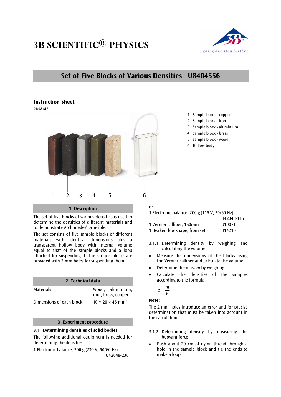 3B Scientific Set of 5 Density Bodies User Manual | 2 pages