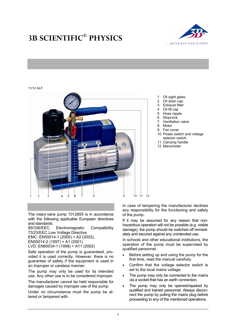 3B Scientific Rotary-Vane Vacuum Pump, One-Stage User Manual | 4 pages