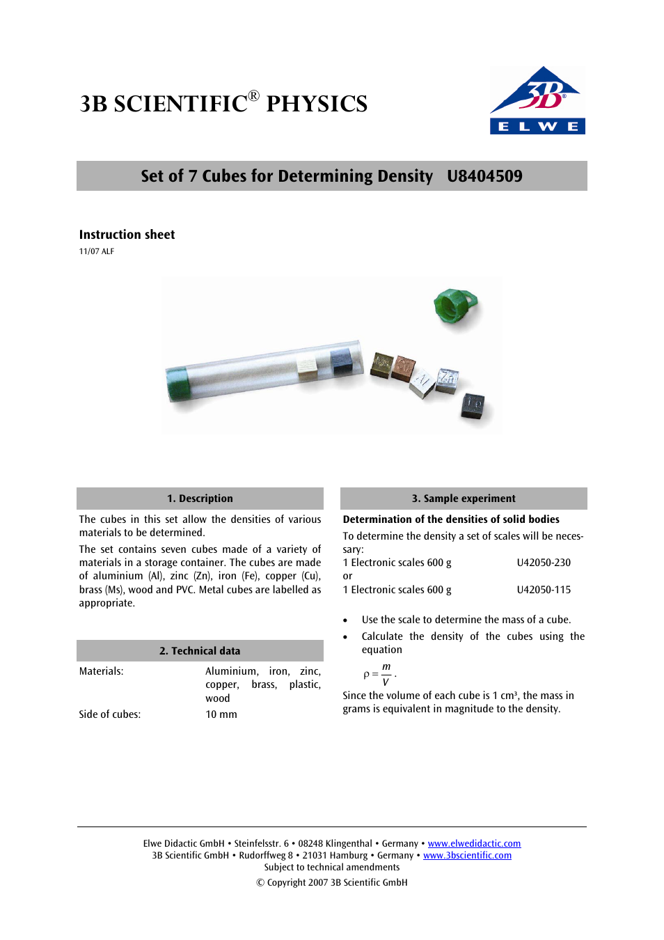 3B Scientific Set of Seven 7 Cubes for Determining Density User Manual | 1 page