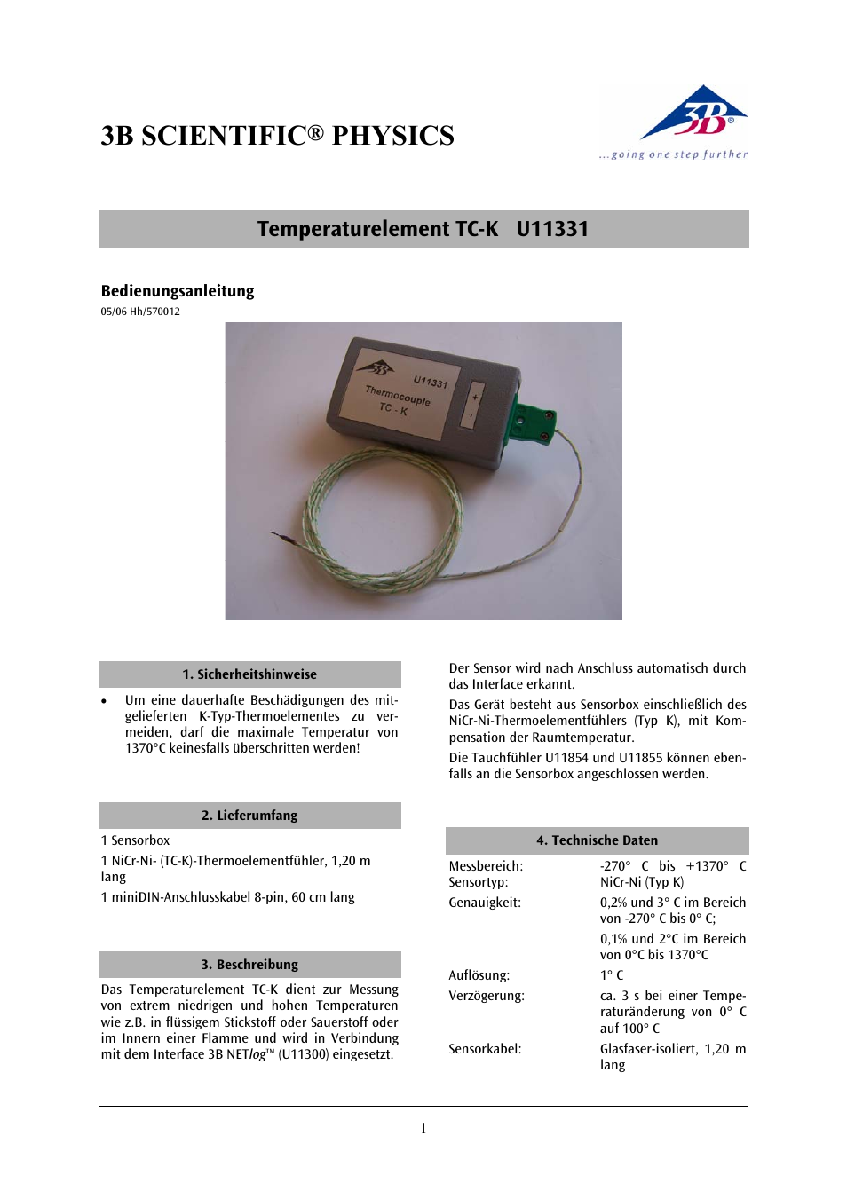 3B Scientific Temperature Sensor, TC – K User Manual | 12 pages