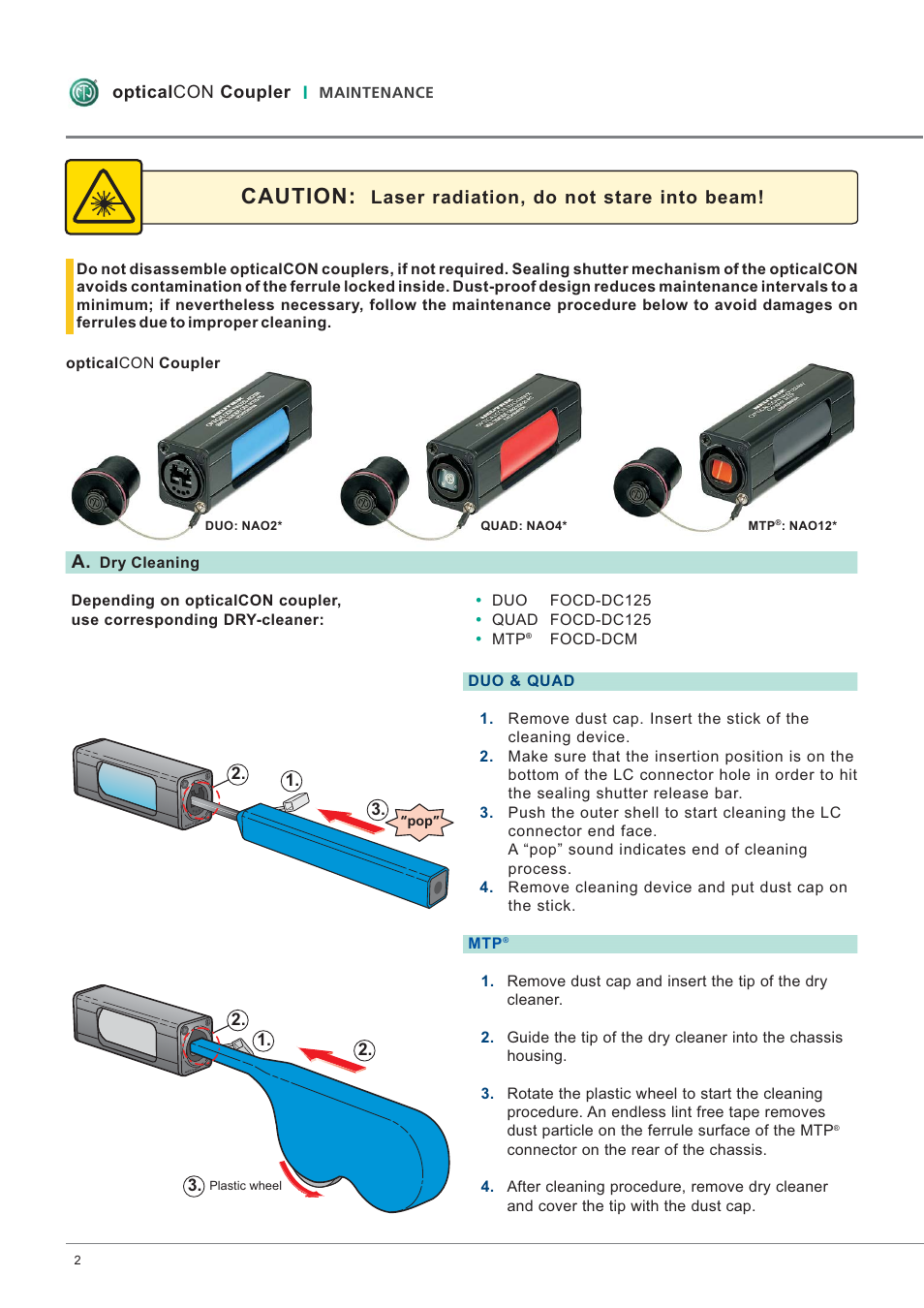Caution, Laser radiation, do not stare into beam, Optical coupler con | Neutrik opticalCON Coupler User Manual | Page 2 / 4