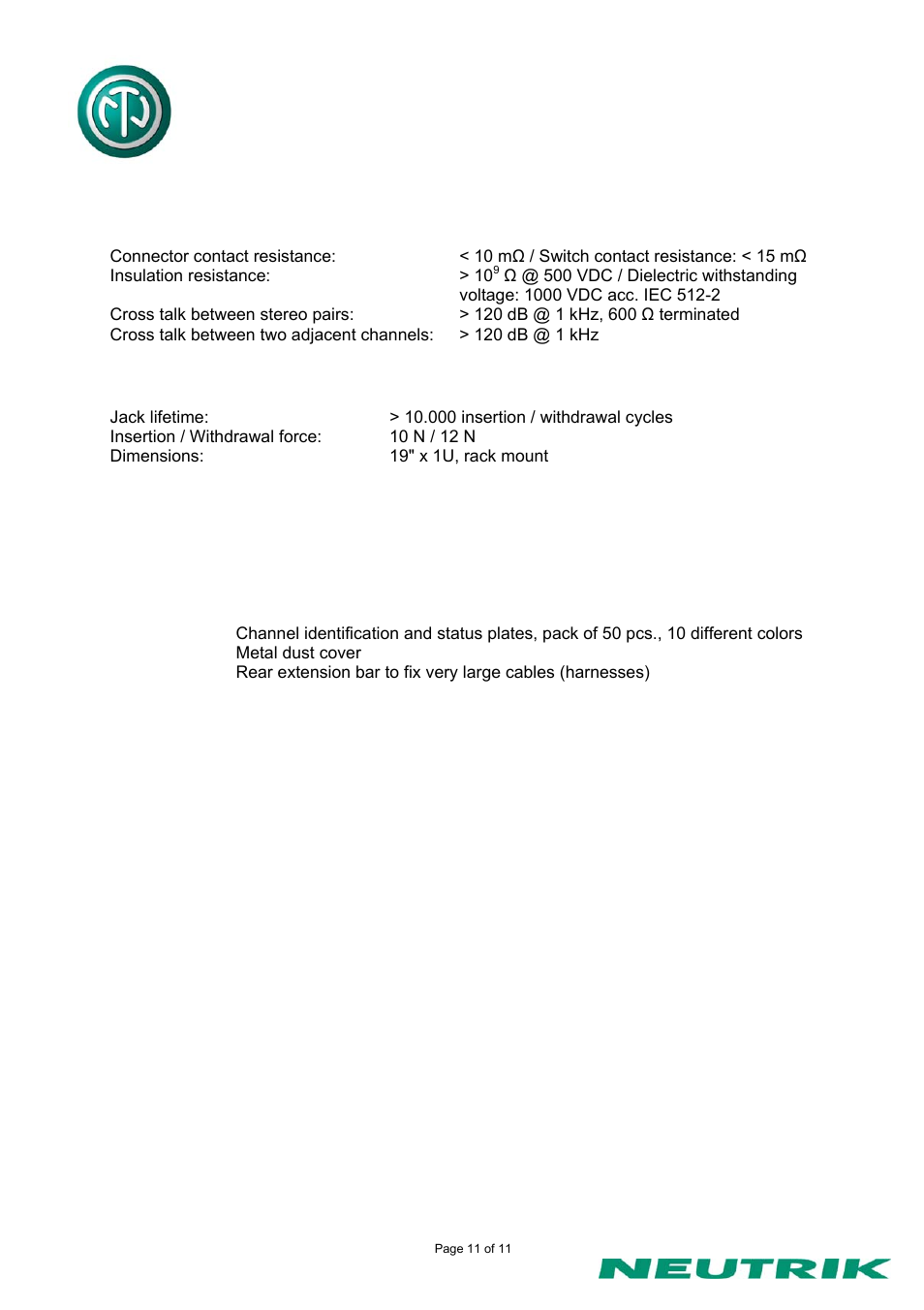 Neutrik NPP-TB PATCH PANEL “Easy Patch” | 48 TB Jack User Manual | Page 11 / 11