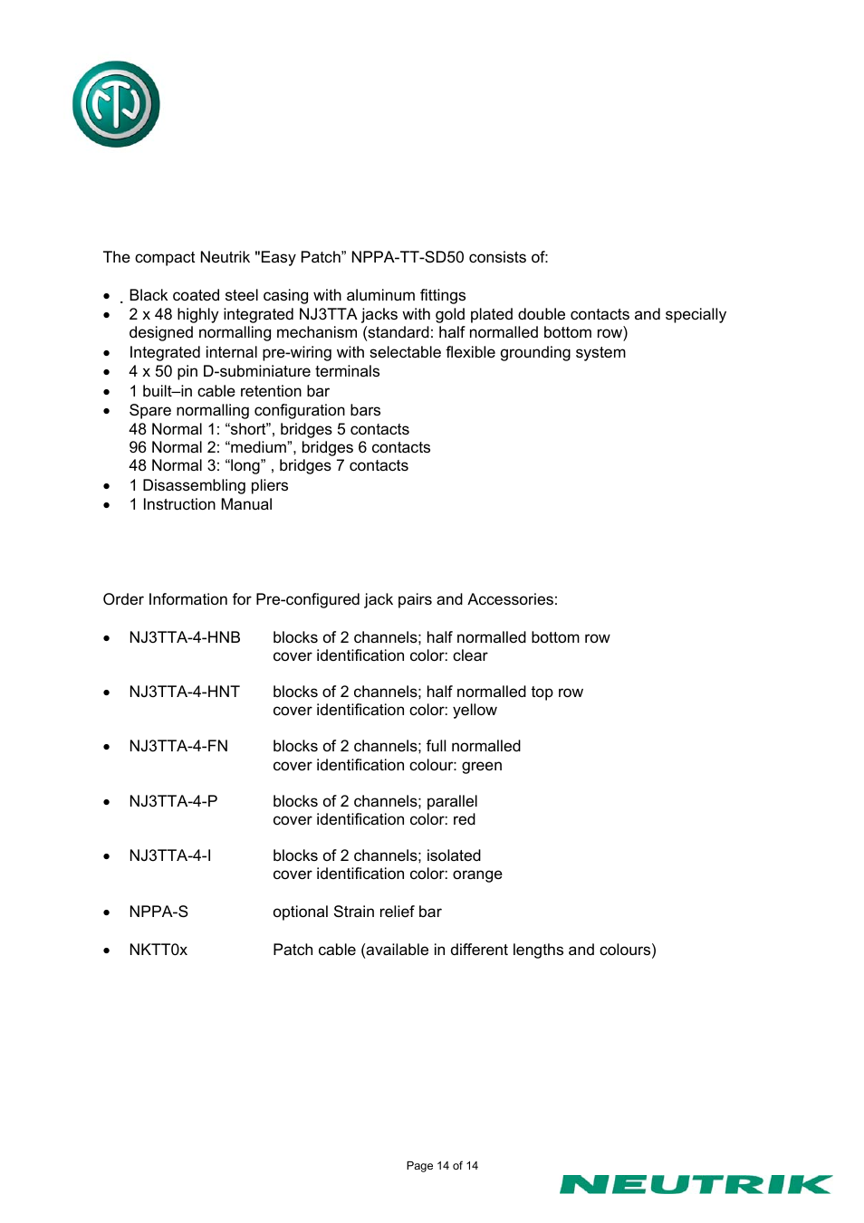 Neutrik NPPA-TT-SD50 User Manual | Page 14 / 14